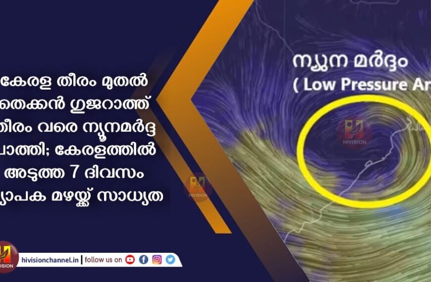 കേരള തീരം മുതൽ തെക്കൻ ഗുജറാത്ത്‌ തീരം വരെ ന്യൂനമർദ്ദ പാത്തി; കേരളത്തിൽ അടുത്ത 7 ദിവസം വ്യാപക മഴയ്ക്ക് സാധ്യത