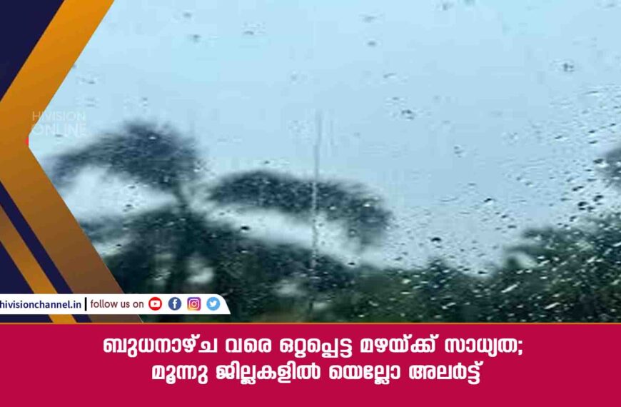 ബുധനാഴ്ച വരെ ഒറ്റപ്പെട്ട മഴയ്ക്ക് സാധ്യത;മൂന്നു ജില്ലകളില്‍ യെല്ലോ അലര്‍ട്ട്