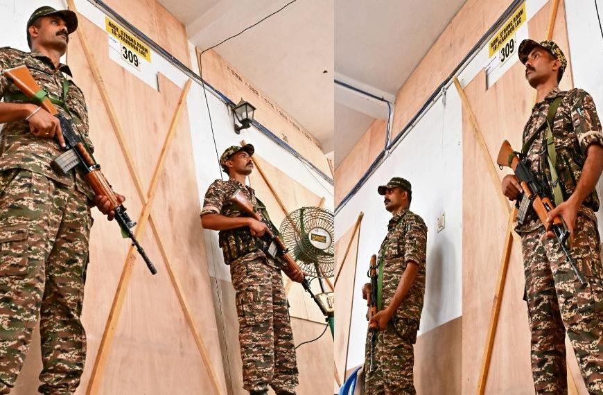 കനത്ത പോലീസ്, കേന്ദ്ര സേനകളുടെ സുരക്ഷയിലാണ് വ്യാഴാഴ്ച്ച വോട്ടിംഗ് പൂർത്തിയായശേഷം സ്ട്രോങ്ങ്‌ റൂമിലേക്ക് മാറ്റിയ വോട്ടിംഗ് യന്ത്രങ്ങൾ.