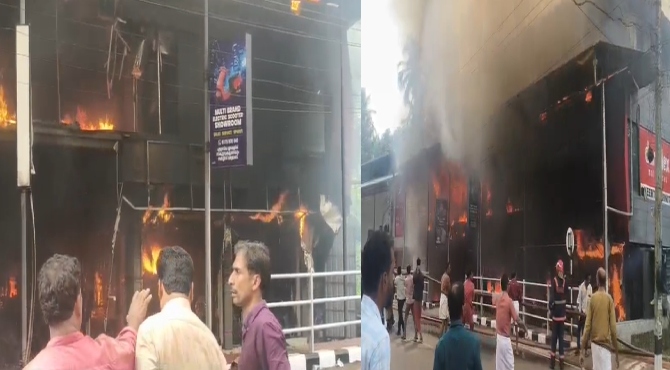 കോഴിക്കോട് ഇലക്ട്രിക്ക് ലൈറ്റ് കട പ്രവര്‍ത്തിക്കുന്ന കെട്ടിടത്തില്‍ വന്‍ തീപിടുത്തം; 8 കടകള്‍ കത്തി നശിച്ചു