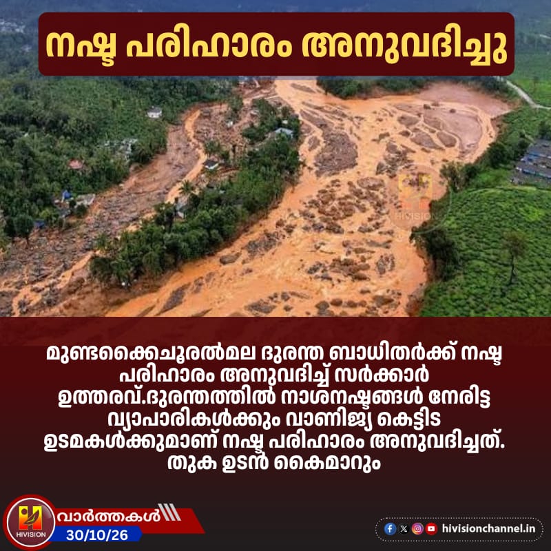 മുണ്ടക്കൈചൂരല്‍മല ദുരന്ത ബാധിതര്‍ക്ക് നഷ്ട പരിഹാരം അനുവദിച്ച് സര്‍ക്കാര്‍ ഉത്തരവ്.
